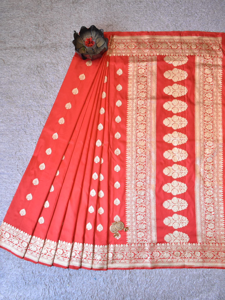 Banarasi Pure Katan Silk Saree With Zari Buti Weaving & Border-Red