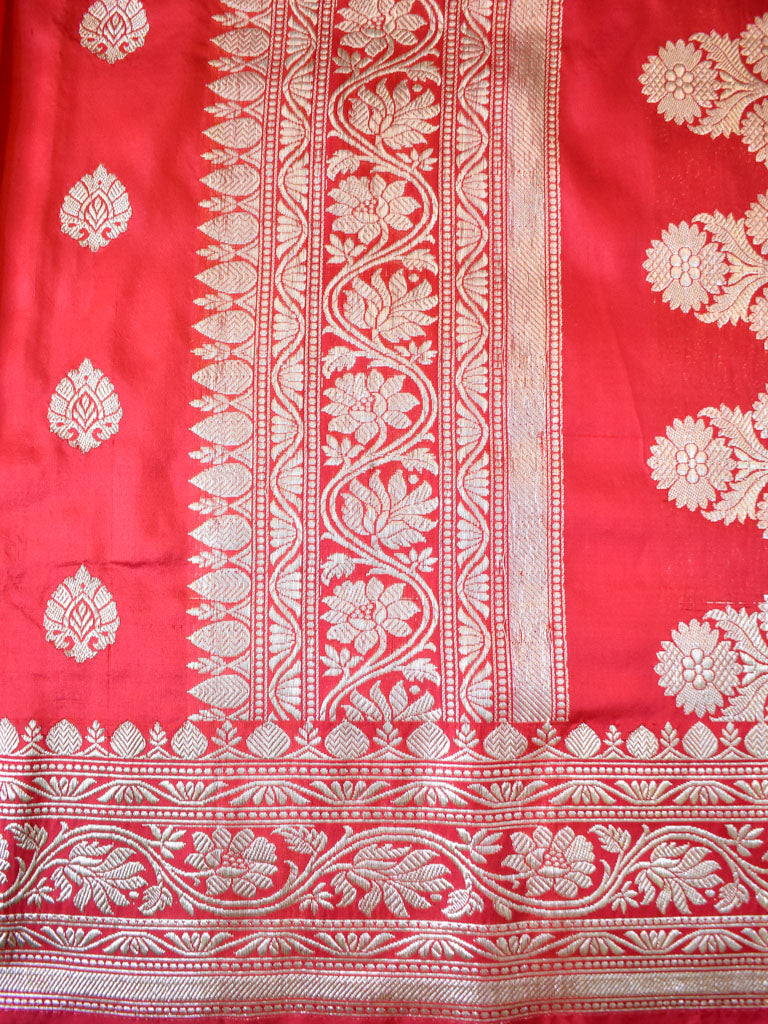 Banarasi Pure Katan Silk Saree With Zari Buti Weaving & Border-Red
