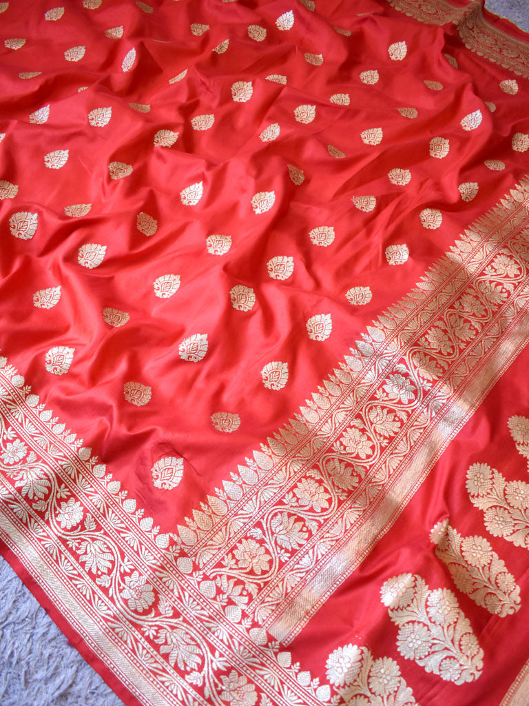 Banarasi Pure Katan Silk Saree With Zari Buti Weaving & Border-Red