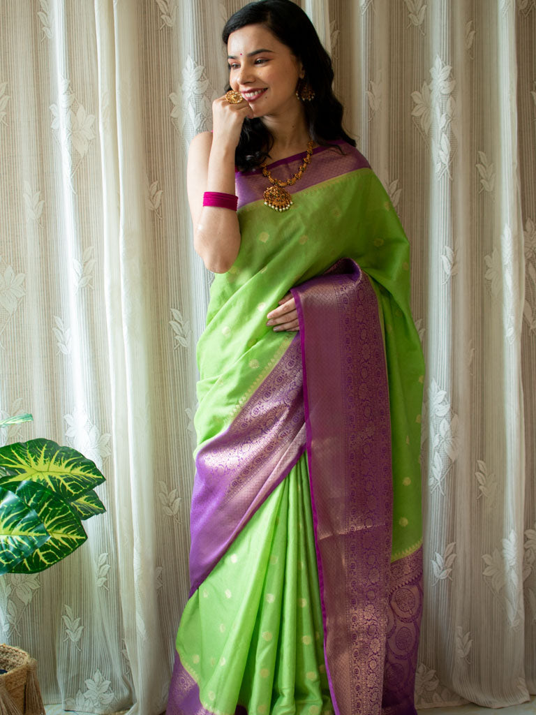 Banarasi Semi Silk Saree With Zari Weaving & Contrast Border-Green
