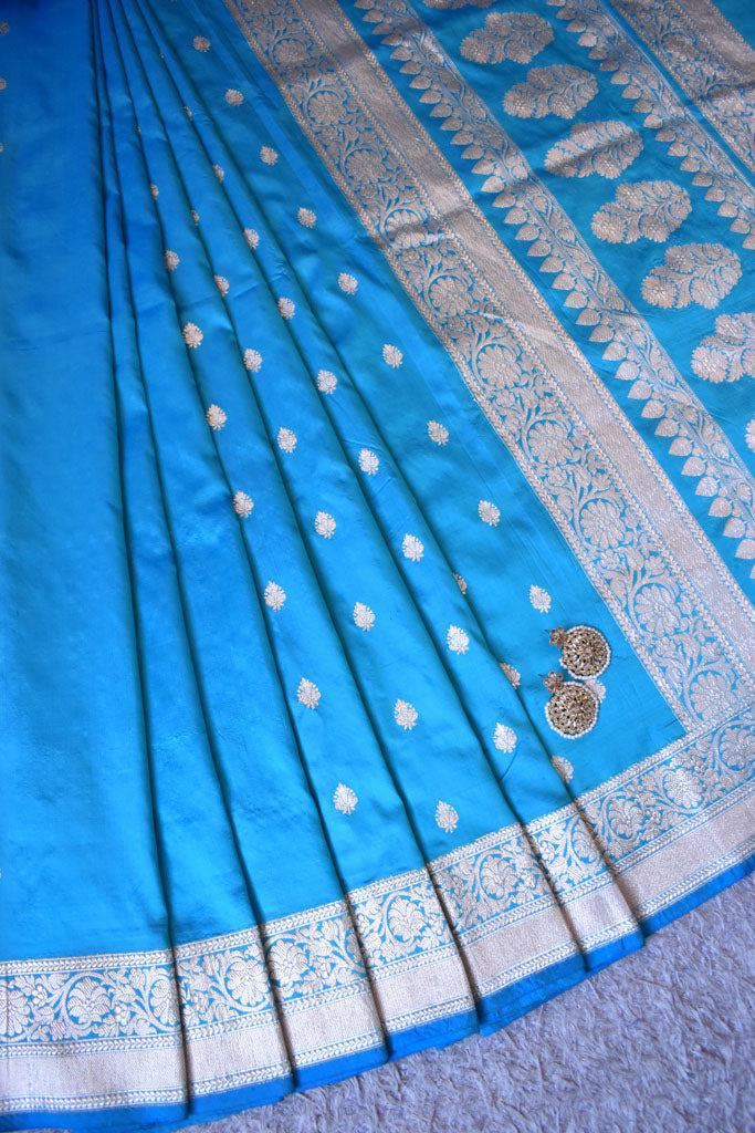 Banarasi Pure Katan Silk Saree With Zari Buti Weaving & Border-Blue