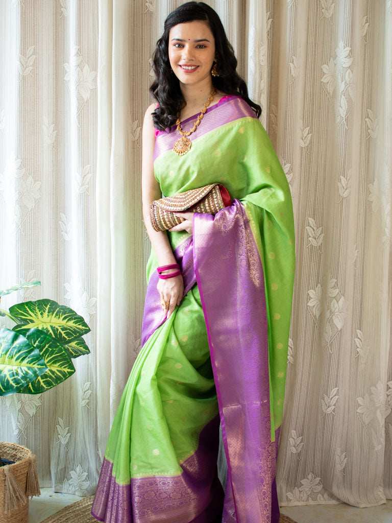 Banarasi Semi Silk Saree With Zari Weaving & Contrast Border-Green