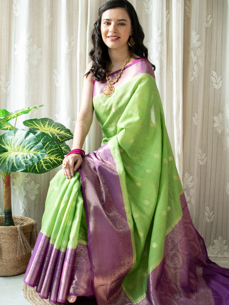 Banarasi Semi Silk Saree With Zari Weaving & Contrast Border-Green