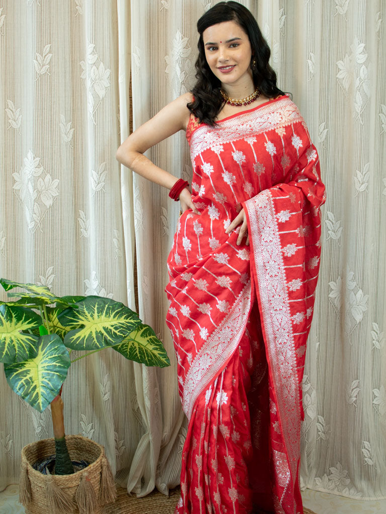 Banarasi Art Katan Silk Saree With Silver Zari Weaving-Red
