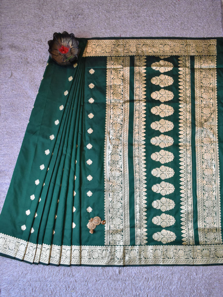 Banarasi Pure Katan Silk Saree With Zari Buti Weaving & Border-Green