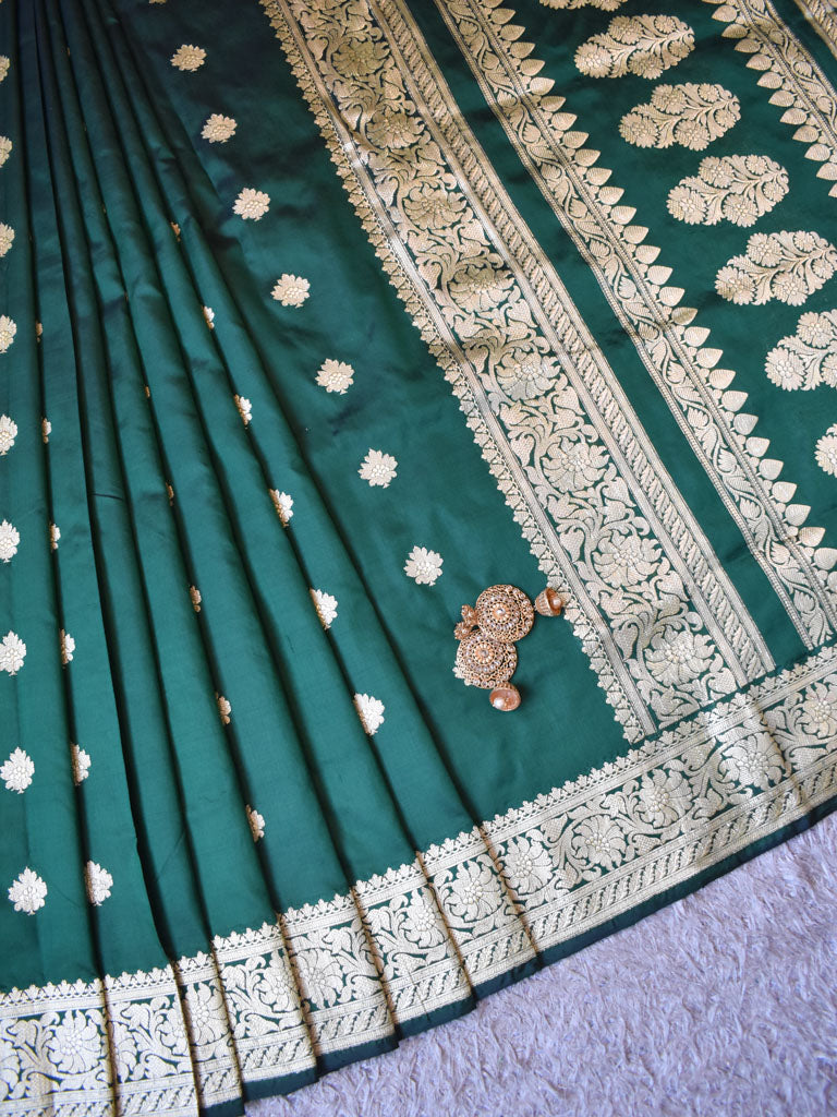 Banarasi Pure Katan Silk Saree With Zari Buti Weaving & Border-Green