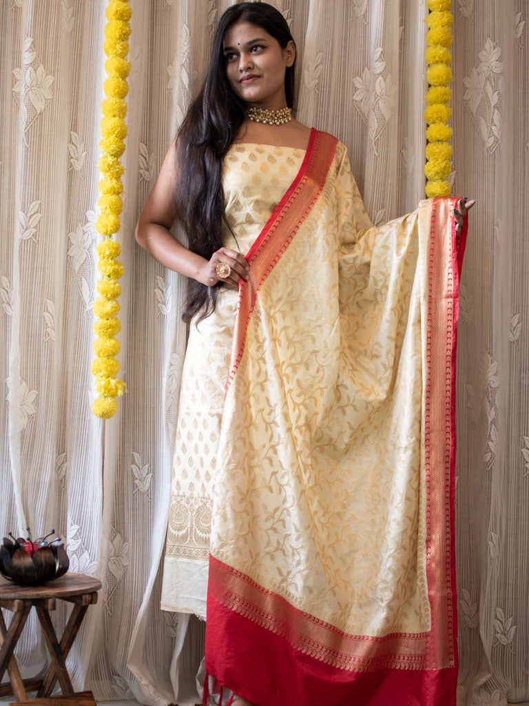 Banarasi Semi Silk Zari Weaving Salwar Kameez Material With Jaal Dupatta-Cream & Red