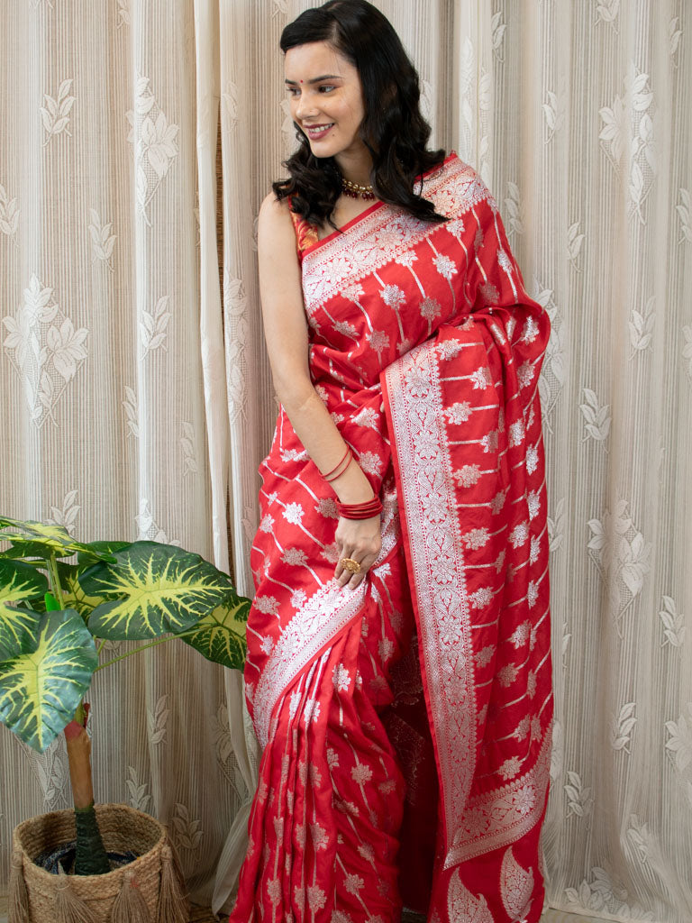 Banarasi Art Katan Silk Saree With Silver Zari Weaving-Red