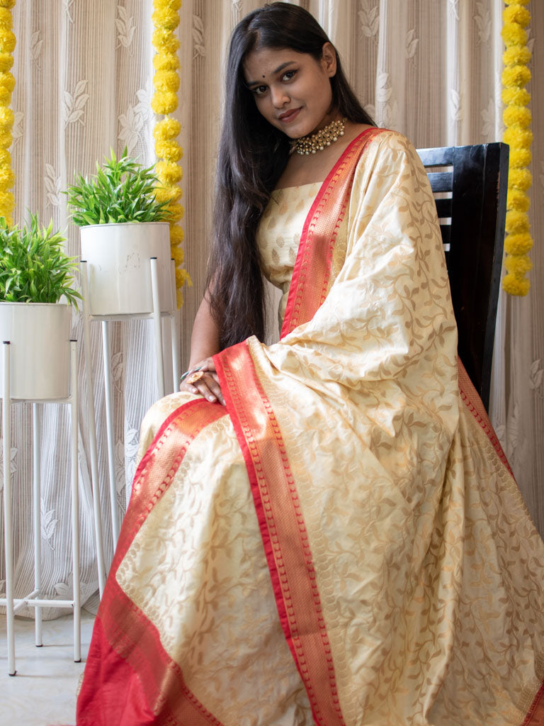 Banarasi Semi Silk Zari Weaving Salwar Kameez Material With Jaal Dupatta-Cream & Red