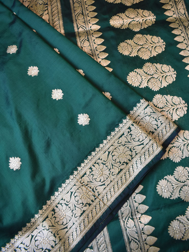 Banarasi Pure Katan Silk Saree With Zari Buti Weaving & Border-Green