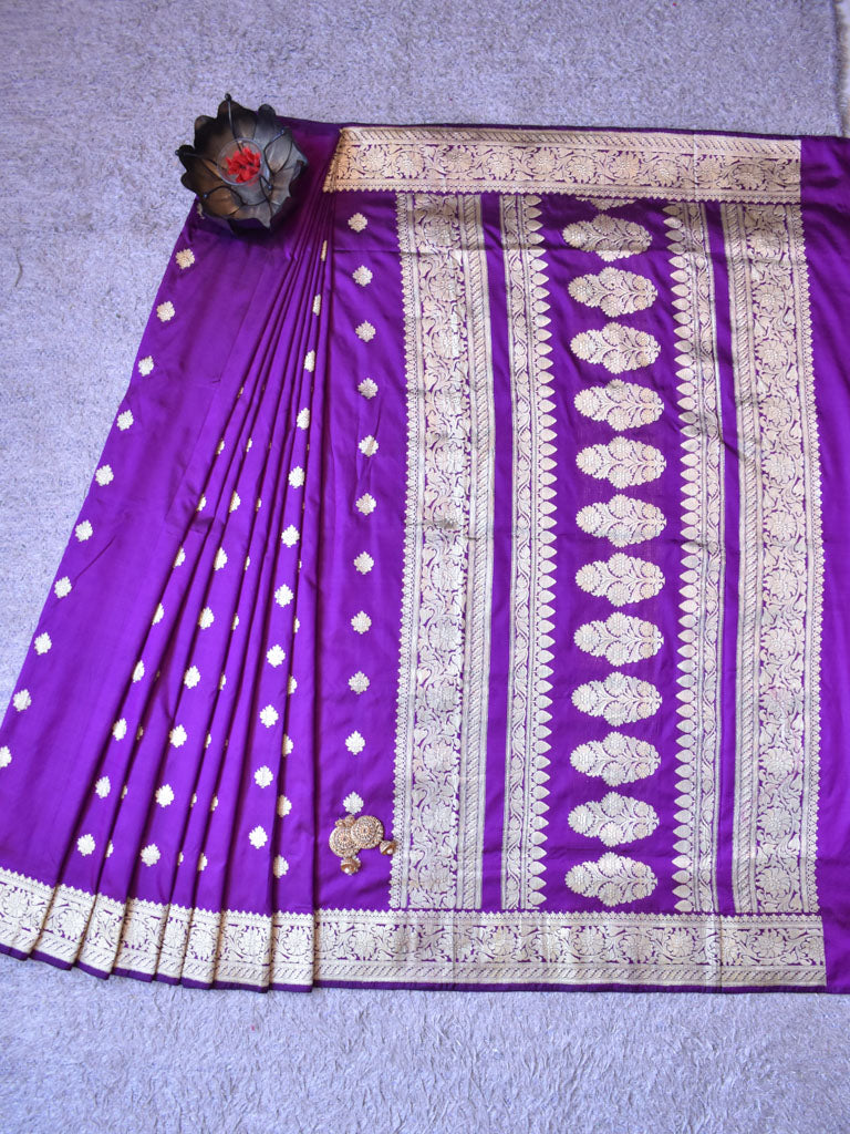 Banarasi Pure Katan Silk Saree With Zari Buti Weaving & Border-Purple