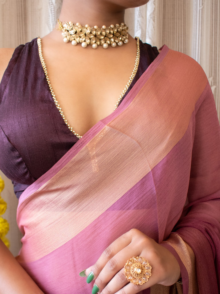 Raw Silk Stitched Sleeveless V-neck Blouse-Wine