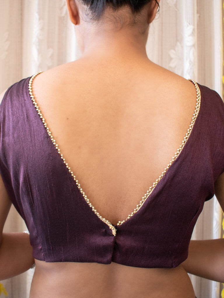 Raw Silk Stitched Sleeveless V-neck Blouse-Wine