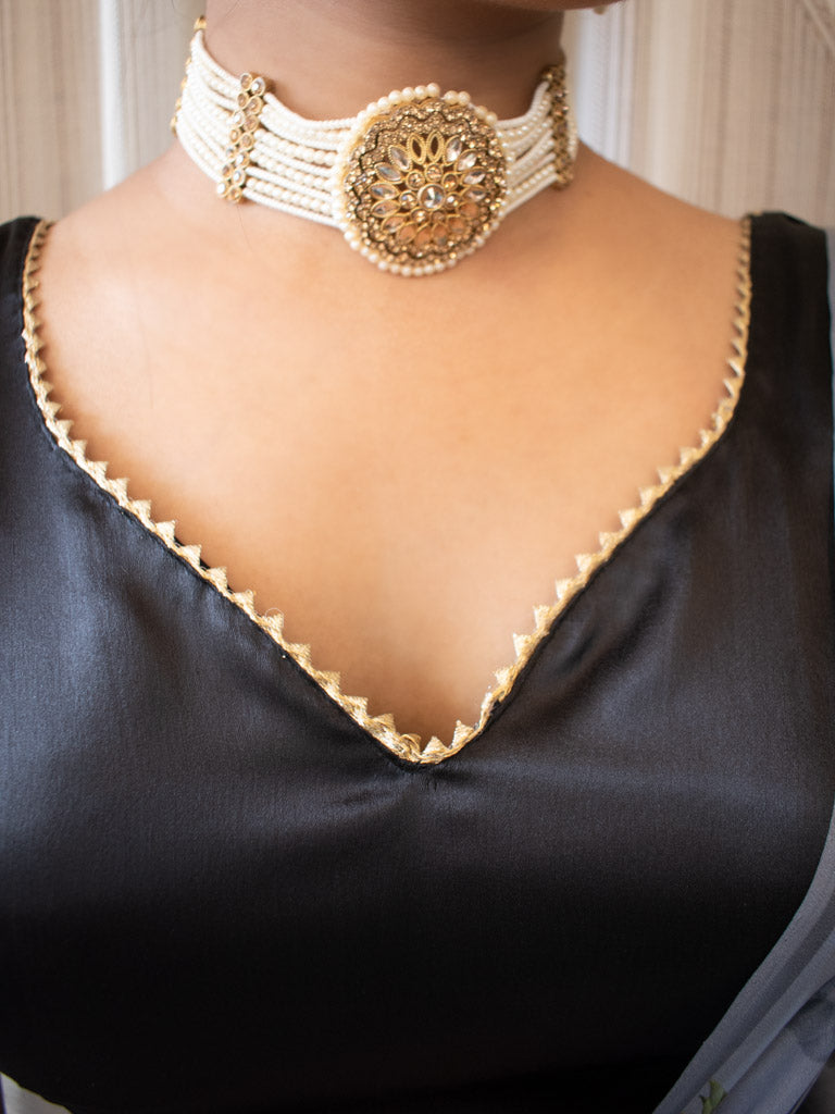 Satin Silk Stitched Laced Sleeveless Blouse-Black