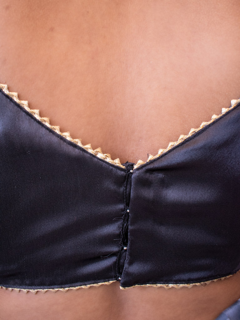 Satin Silk Stitched Laced Sleeveless Blouse-Black