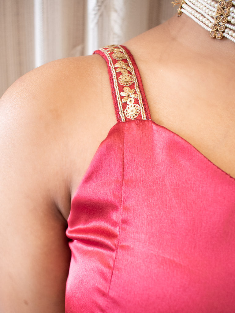 Satin Silk Stitched Lace Strap Blouse-Red