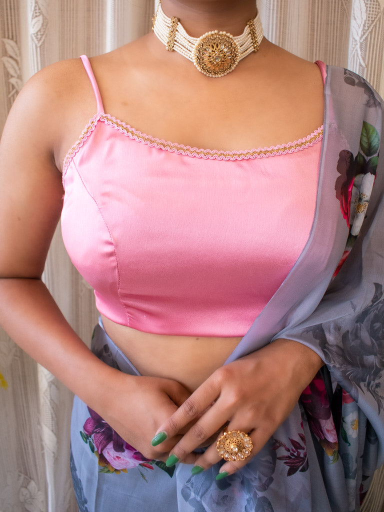 Satin Silk Stitched Noodle Strap Blouse-Pink