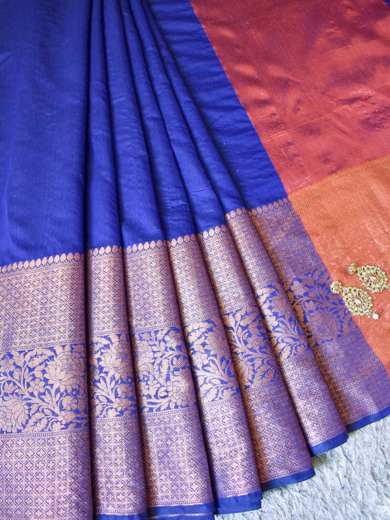 Banarasi Cotton Silk Saree Plain Body With Antique Zari Skirt Border -Blue