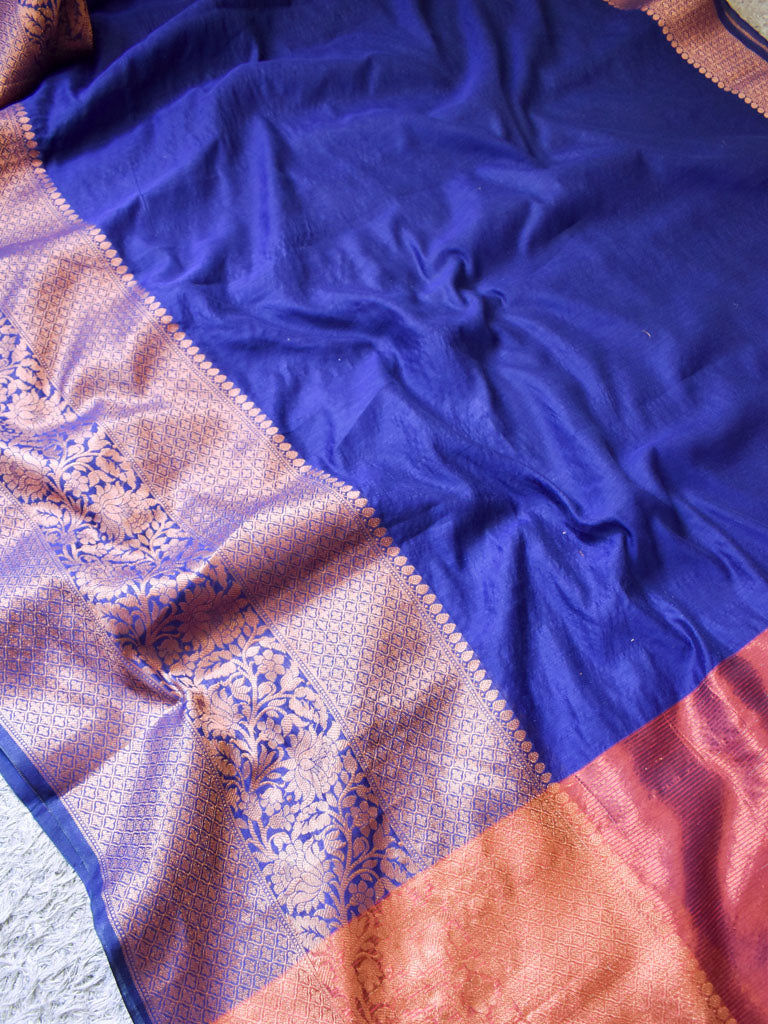 Banarasi Cotton Silk Saree Plain Body With Antique Zari Skirt Border -Blue