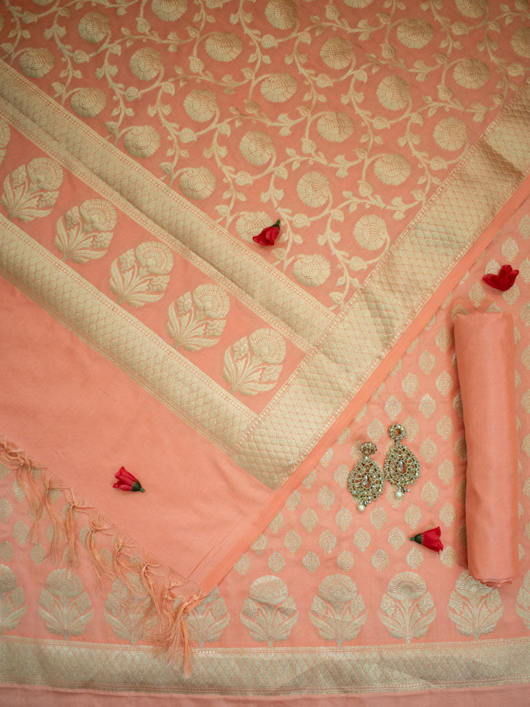Banarasi Semi Silk Zari Weaving Salwar Kameez Material With Dupatta-Peach