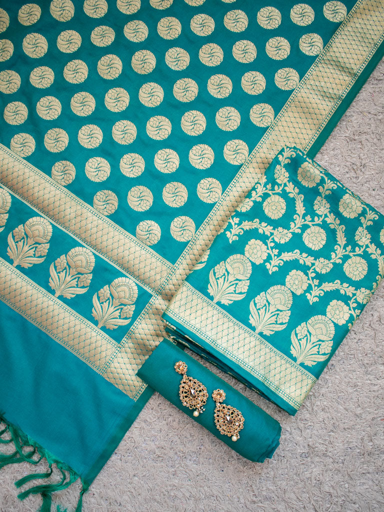 Banarasi Semi Silk Zari Weaving Salwar Kameez Material With Dupatta-Blue