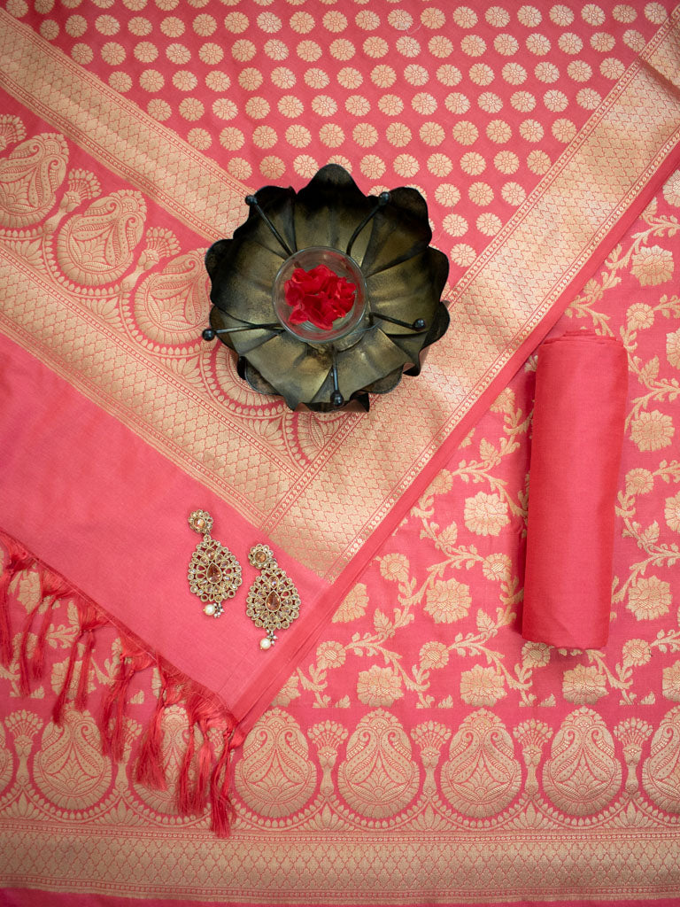 Banarasi Semi Silk Zari Weaving Salwar Kameez Material With Dupatta-Pink