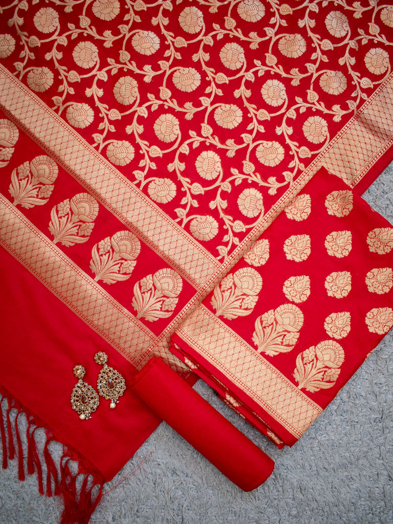 Banarasi Semi Silk Zari Weaving Salwar Kameez Material With Dupatta-Red