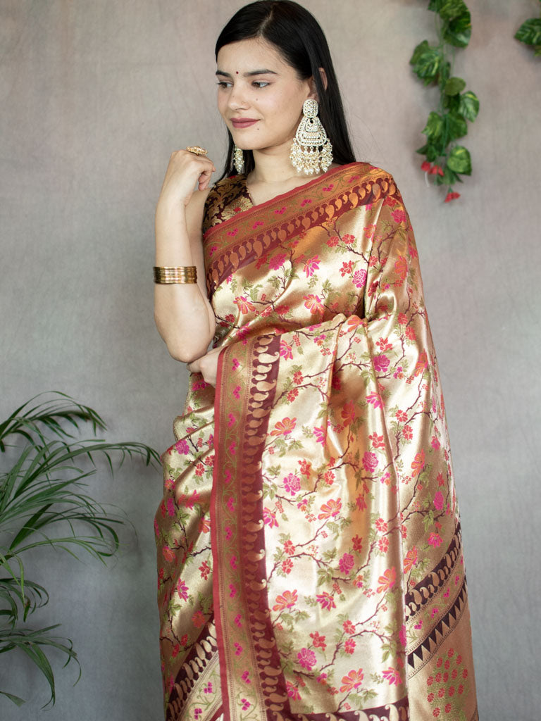 Banarasi Handloom Art Katan Silk Saree With Meena Jaal Weaving-Brown