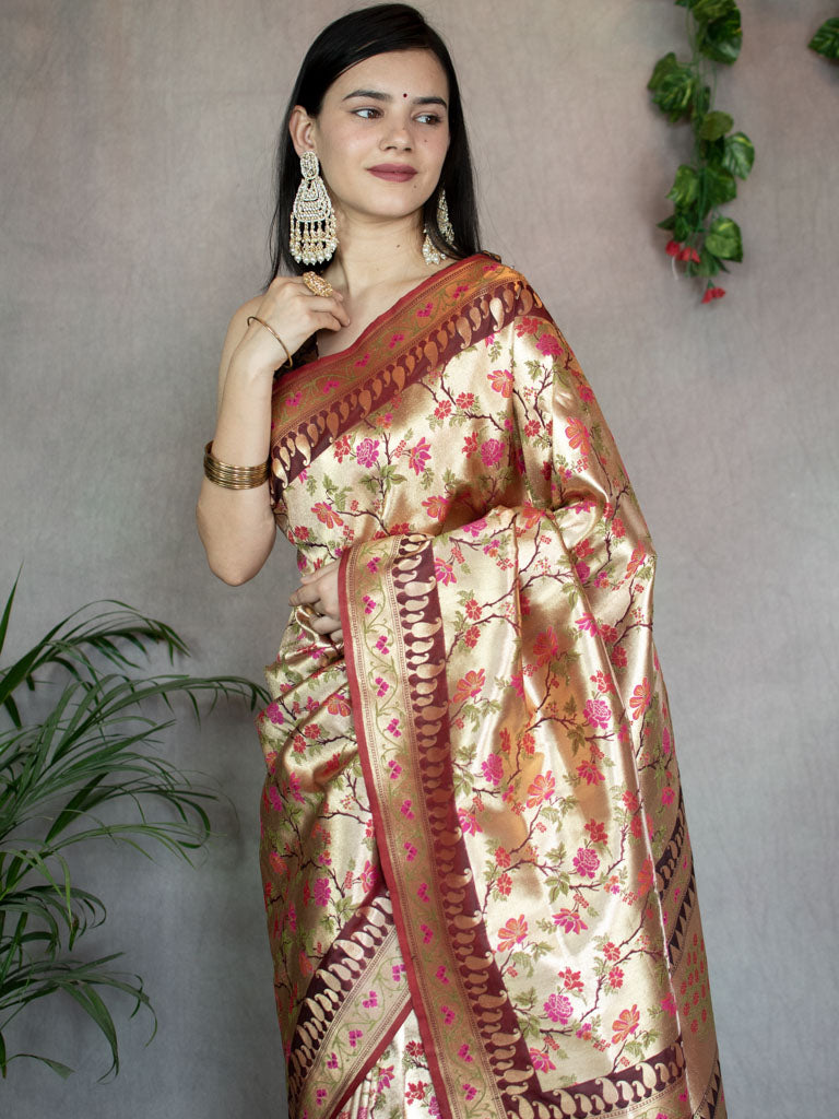 Banarasi Handloom Art Katan Silk Saree With Meena Jaal Weaving-Brown