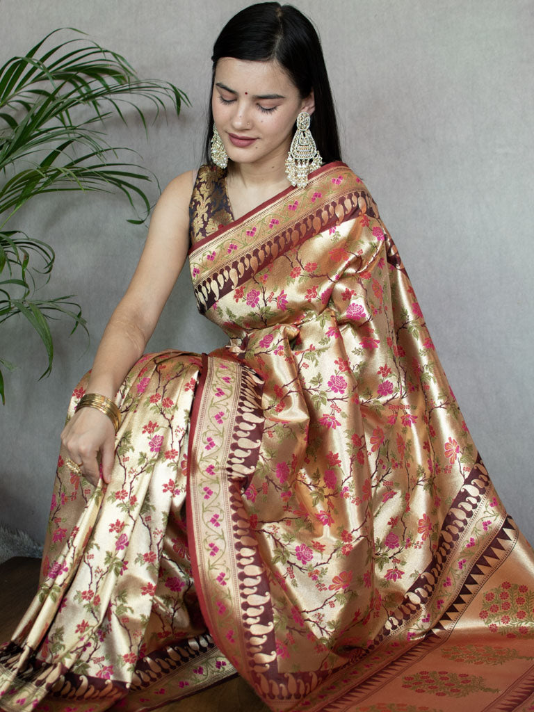 Banarasi Handloom Art Katan Silk Saree With Meena Jaal Weaving-Brown