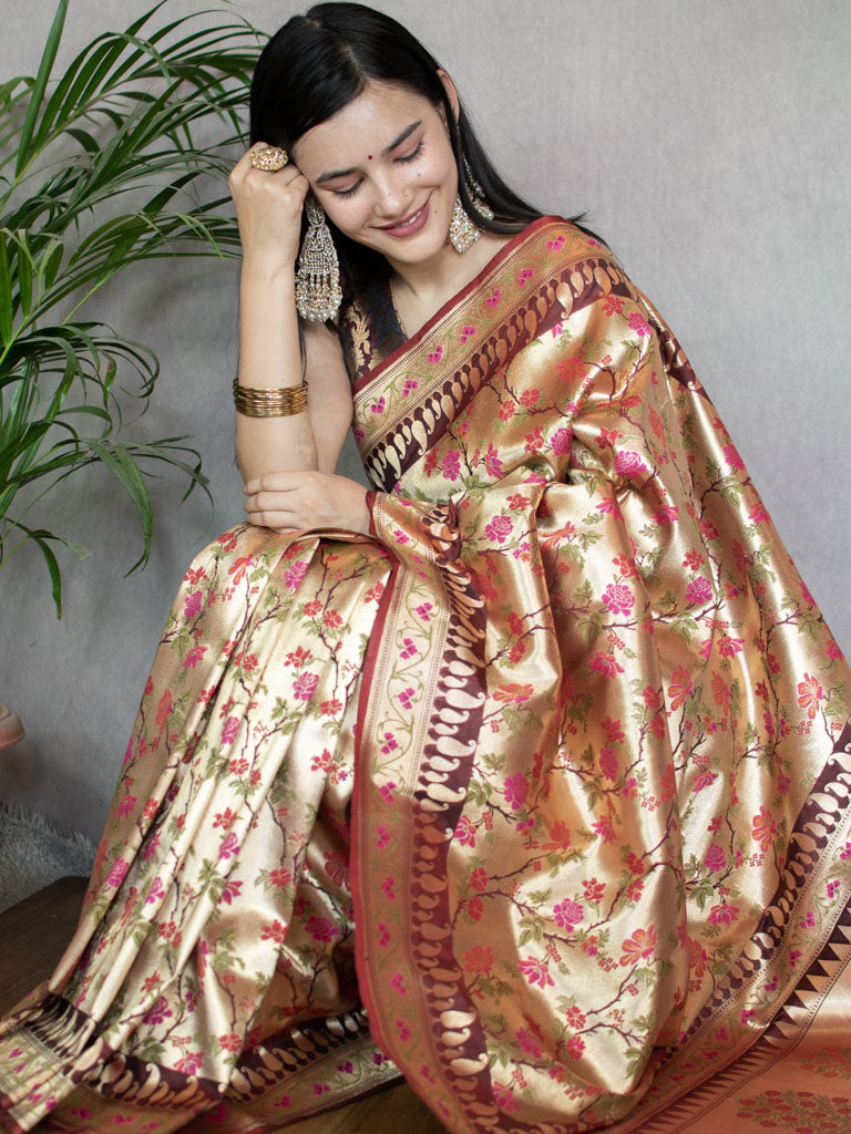 Banarasi Handloom Art Katan Silk Saree With Meena Jaal Weaving-Brown