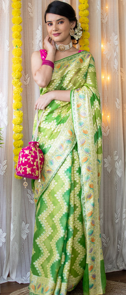Banarasi Pure Georgette Saree With Jaal Resham Weaving-Green