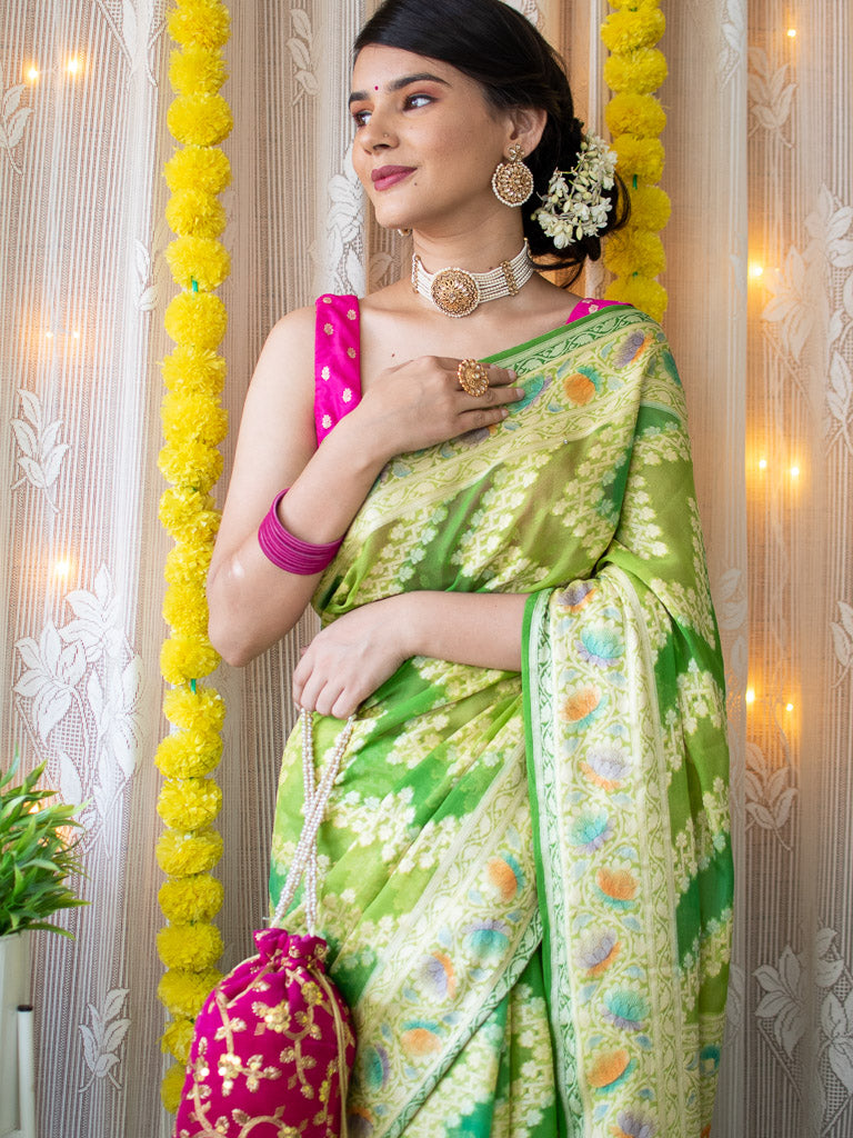 Banarasi Pure Georgette Saree With Jaal Resham Weaving-Green