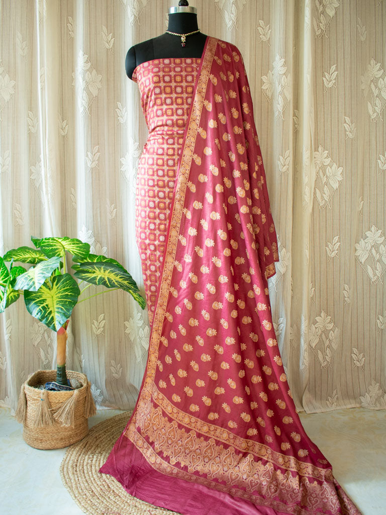 Banarasi Semi Silk Zari Weaving Salwar Kameez Material With Meenakari Dupatta-Deep Pink