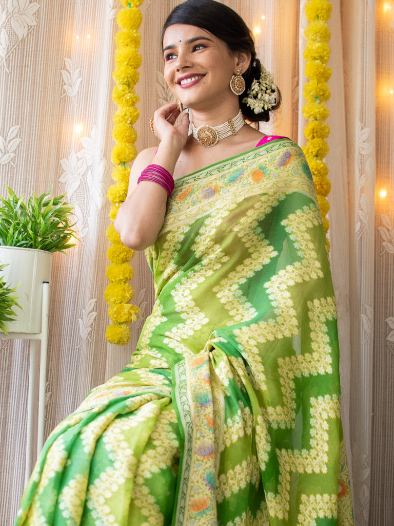 Banarasi Pure Georgette Saree With Jaal Resham Weaving-Green
