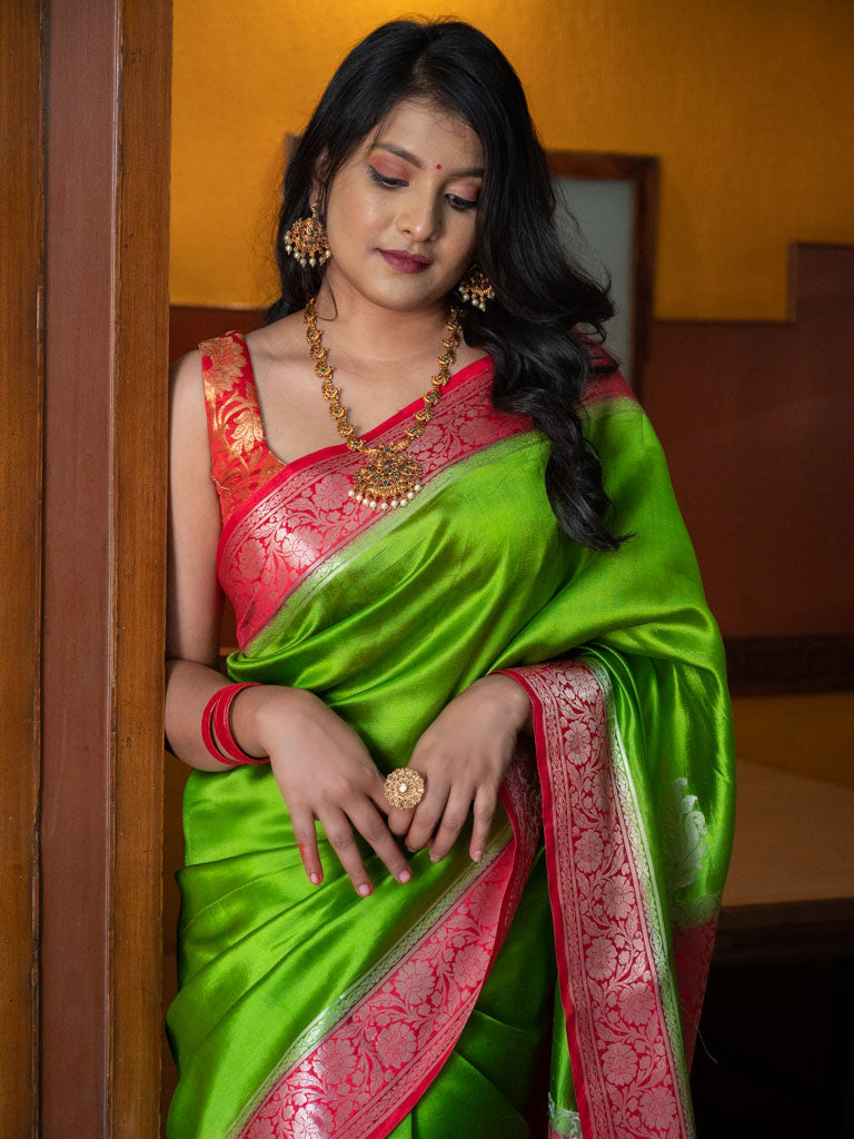 Banarasi Handwoven Plain Pure Dupion Silk Saree-Light Green