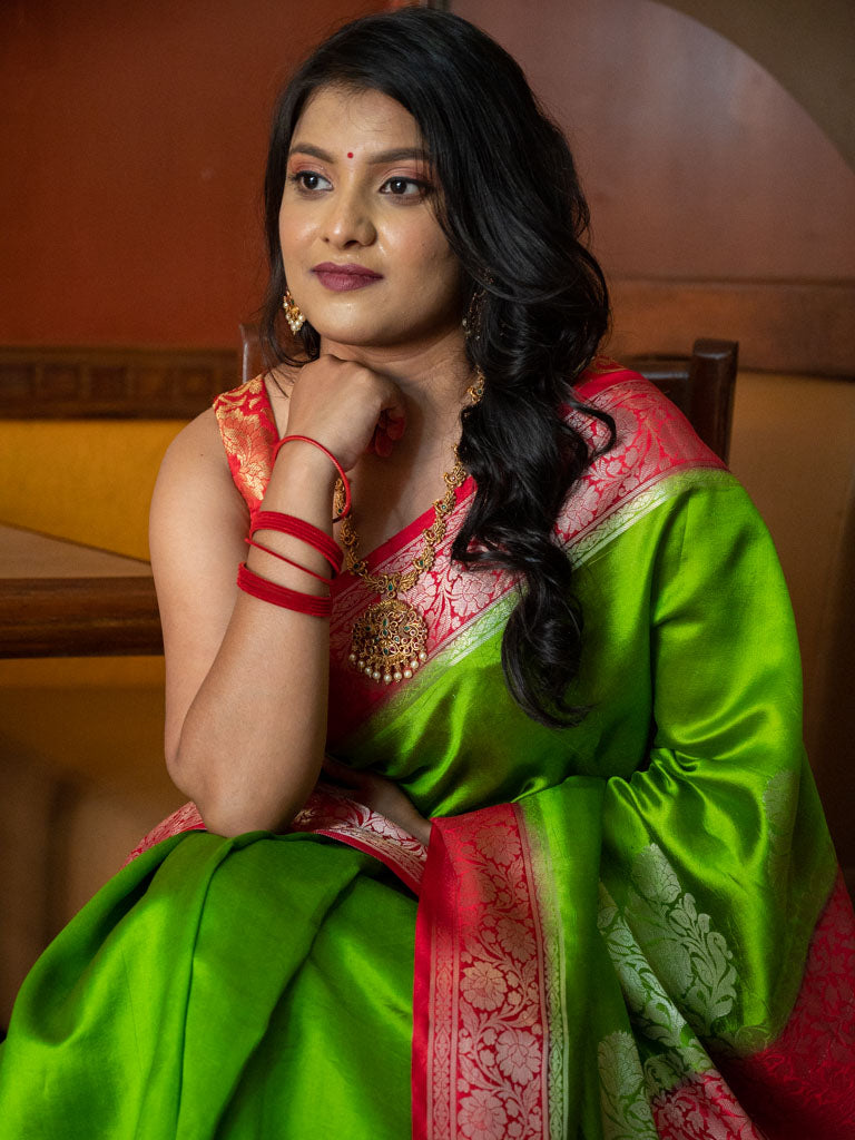 Banarasi Handwoven Plain Pure Dupion Silk Saree-Light Green