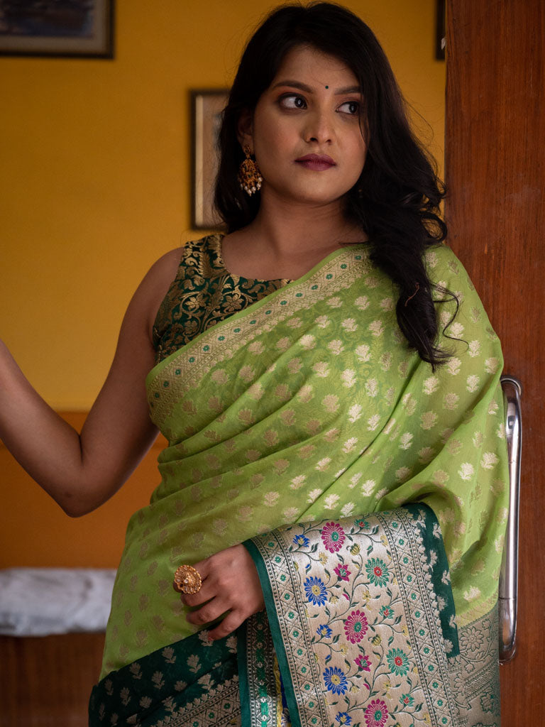 Banarasi Shaded Kora Saree With Zari Weaving Meena Border-Green