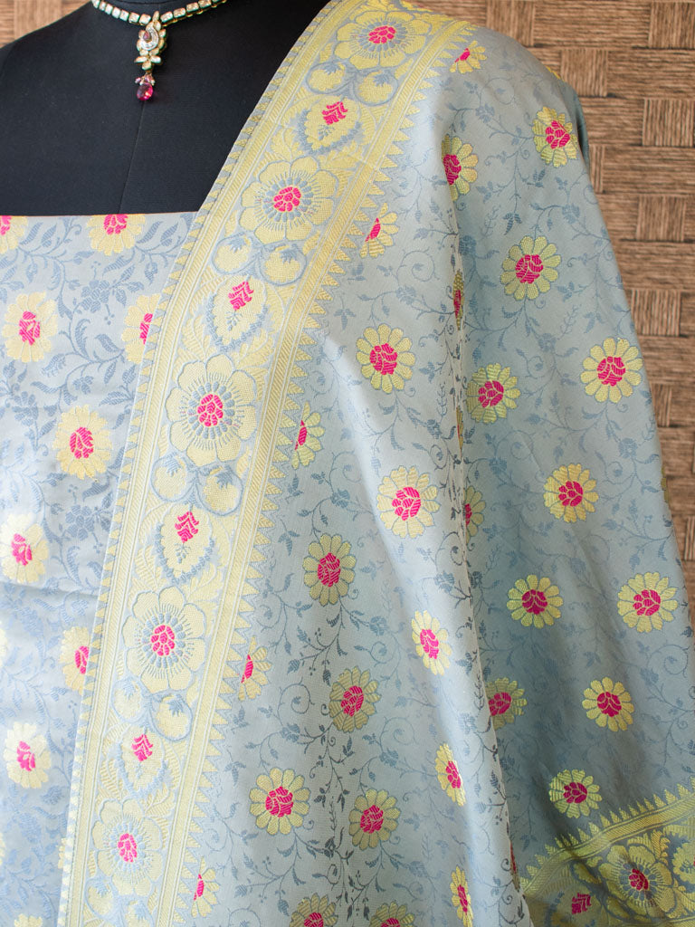Banarasi Semi Silk Tanchoi Zari Weaving Salwar Kameez Material With Meenakari Dupatta-Grey