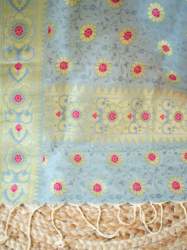 Banarasi Semi Silk Tanchoi Zari Weaving Salwar Kameez Material With Meenakari Dupatta-Grey