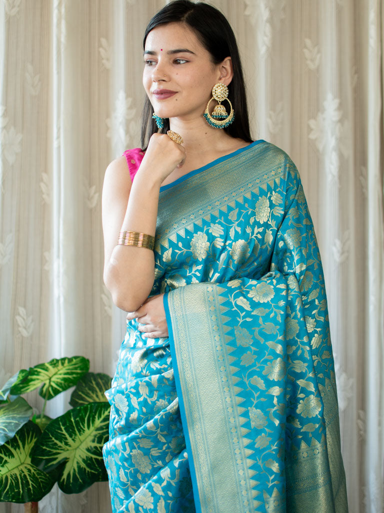 Banarasi Art Katan Silk Saree With Jaal Weaving-Blue