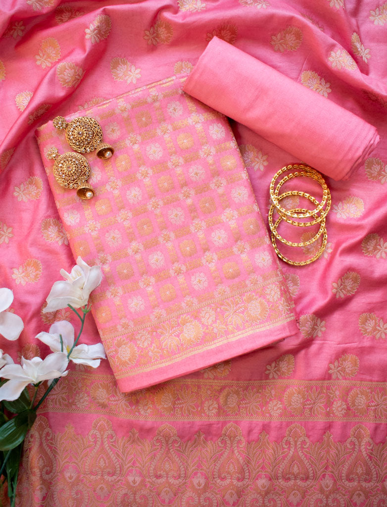 Banarasi Semi Silk Zari Weaving Salwar Kameez Material With Meenakari Dupatta-Pink