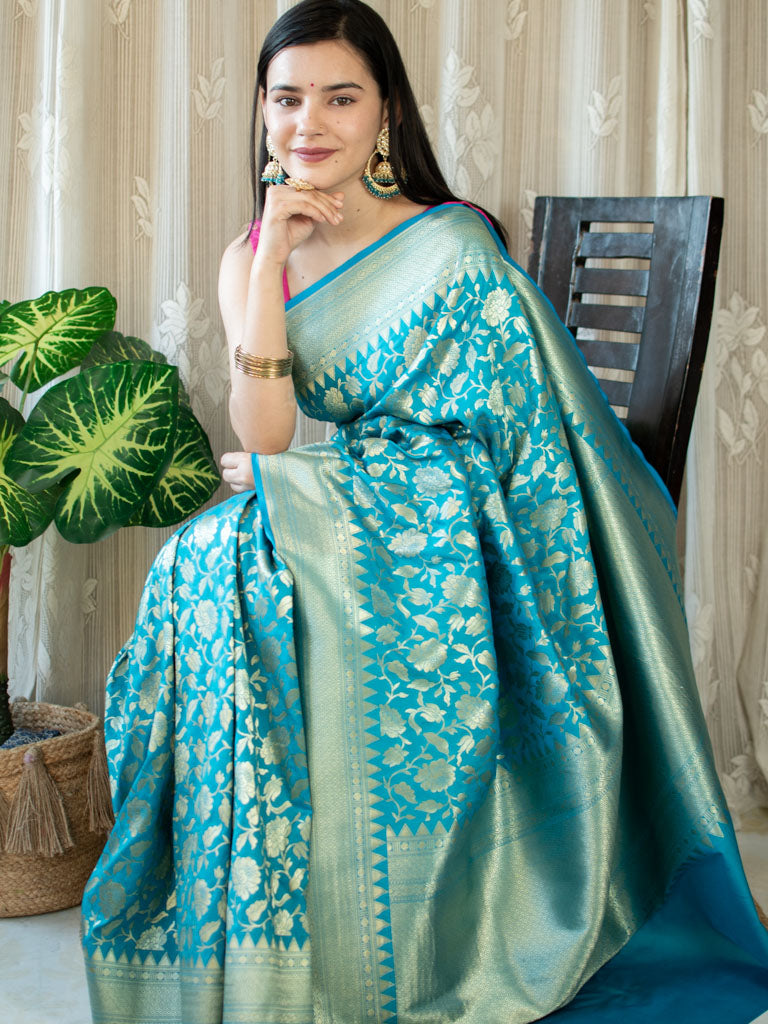 Banarasi Art Katan Silk Saree With Jaal Weaving-Blue