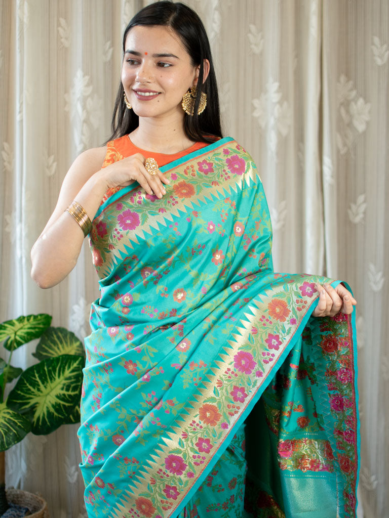 Banarasi Handloom Art Katan Silk Saree With Meena Jaal Weaving-Sea Green