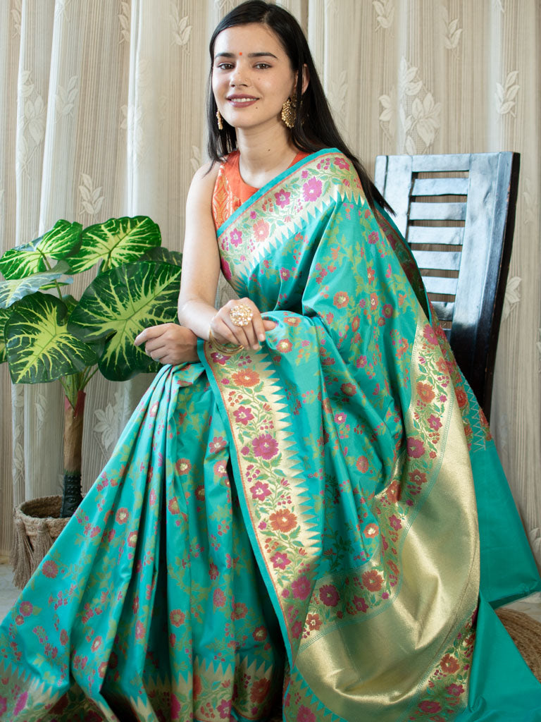 Banarasi Handloom Art Katan Silk Saree With Meena Jaal Weaving-Sea Green
