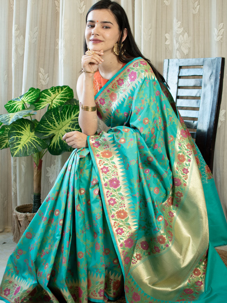 Banarasi Handloom Art Katan Silk Saree With Meena Jaal Weaving-Sea Green