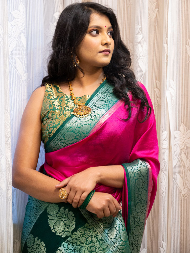 Banarasi Handwoven Plain Pure Dupion Silk Saree-Pink