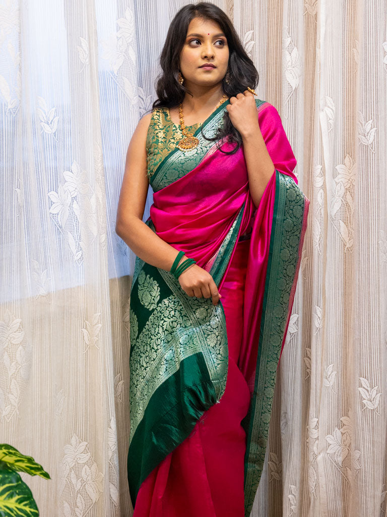 Banarasi Handwoven Plain Pure Dupion Silk Saree-Pink