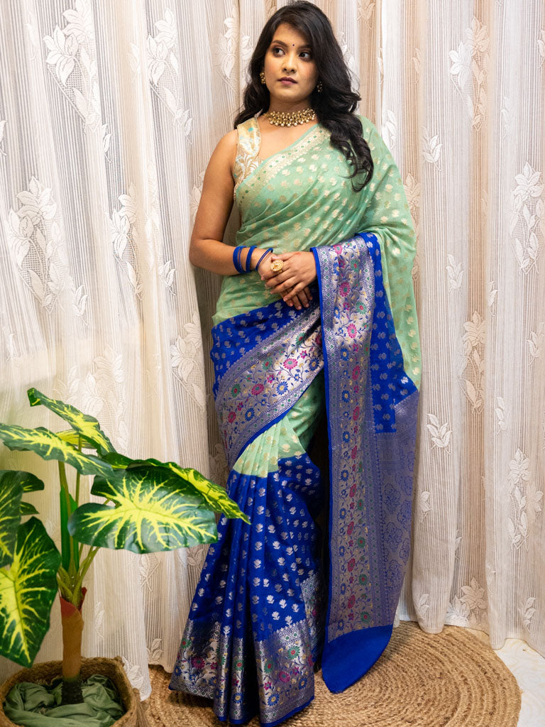 Banarasi Shaded Kora Saree With Zari Weaving Meena Border-Blue