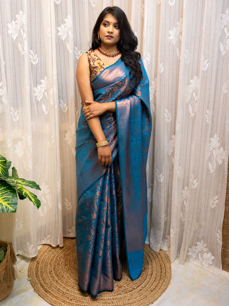 Banarasi Semi Silk Saree With Tanchoi Weaving-Blue